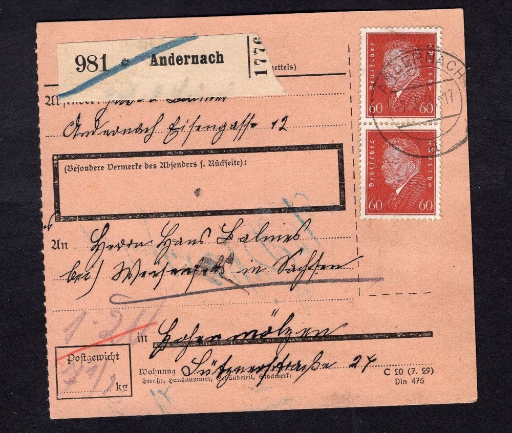 German Reich parcel card, multiple franking, Michel number 421, Andernach