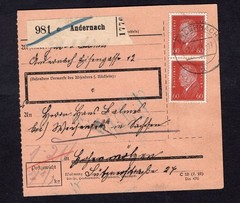 German Reich parcel card, multiple franking, Michel number 421, Andernach