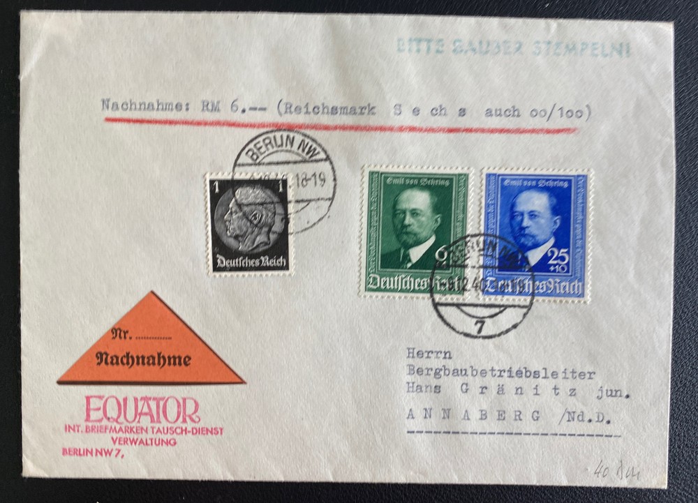 1940 Berlin Germany Commercial Cover To Annaberg Von Behring Stamps