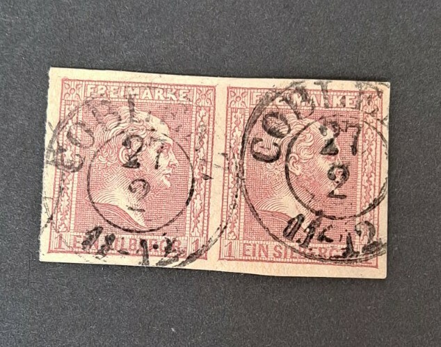 German State Prussia 1858 1 Sbg Rose Red Imperf scarce Pair of Stamps
