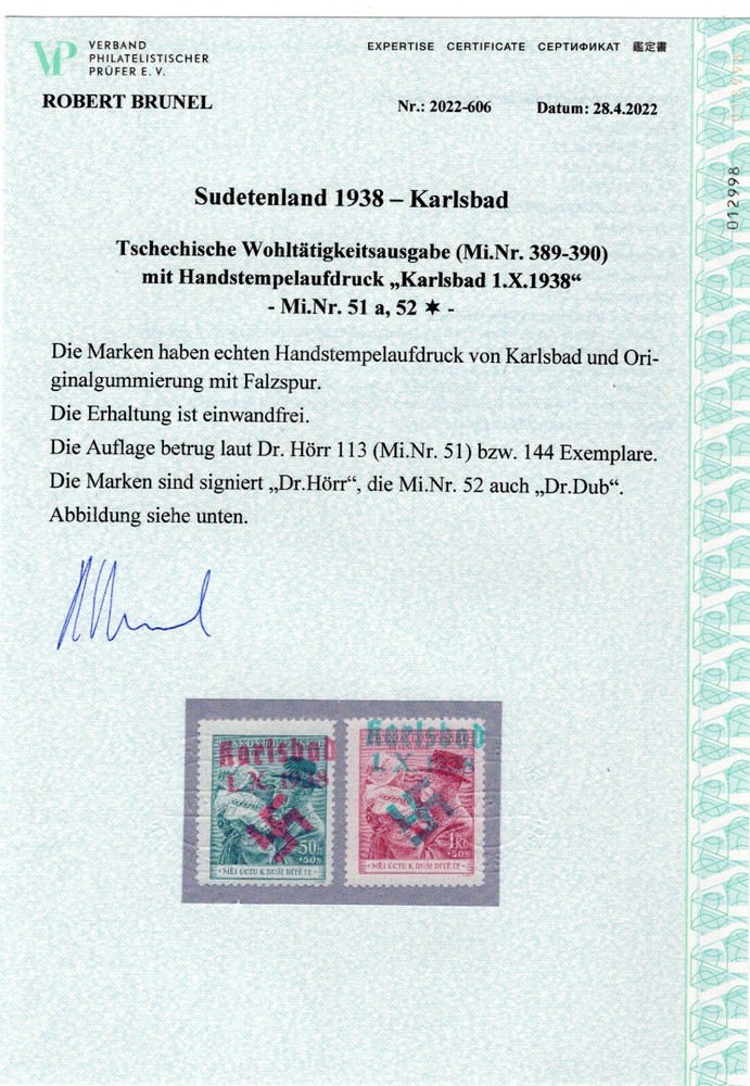 GERMANY OCCUPATION SUDETENLAND KARLSBAD MICHEL 51-52 BRUNEL CERT PERFECT MH