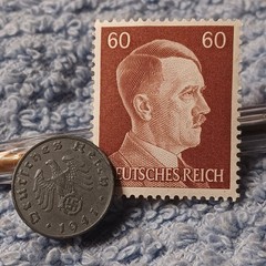 1941 German penny ~ 1 Pfenning ~ km#97 , WW2 Germany ~ + 60 pf. Stamp