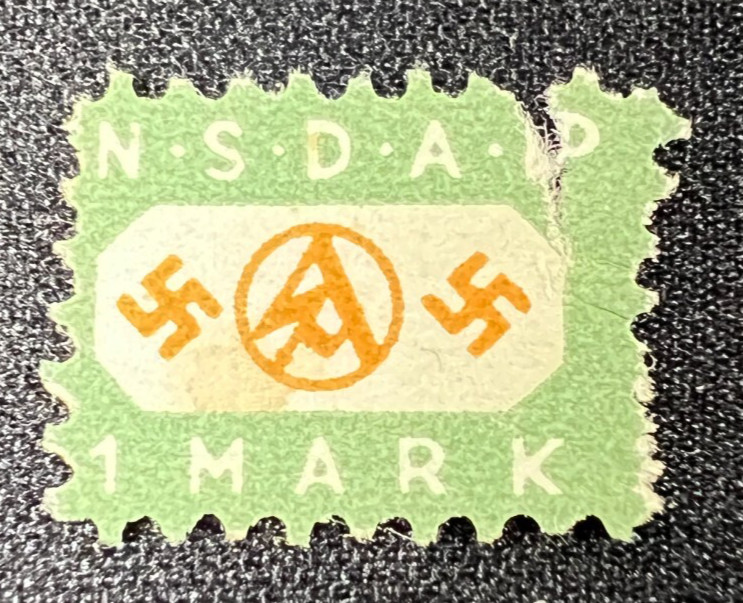 WWII Era NSDAP 1 Mark Nazi Party Dues Stamp Green & Orange Unused Tear Top Right