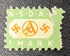 WWII Era NSDAP 1 Mark Nazi Party Dues Stamp Green & Orange Unused Tear Top Right