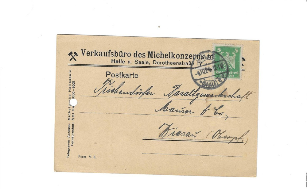 GERMANY 1924 Post Card sent from Halle to Wiesau