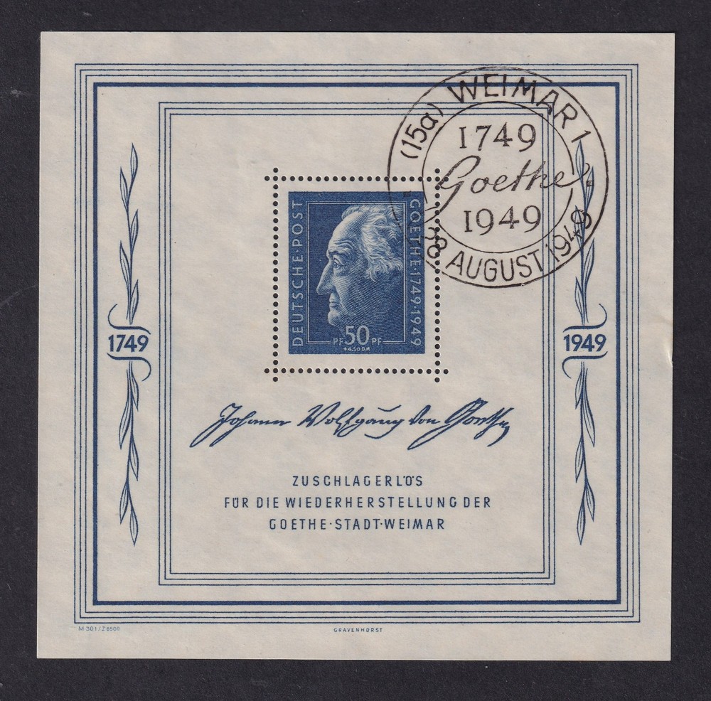 GERMANY 1949 Russian Zone Goethe Miniature Sheet SG MSR59a Used (CV £700)