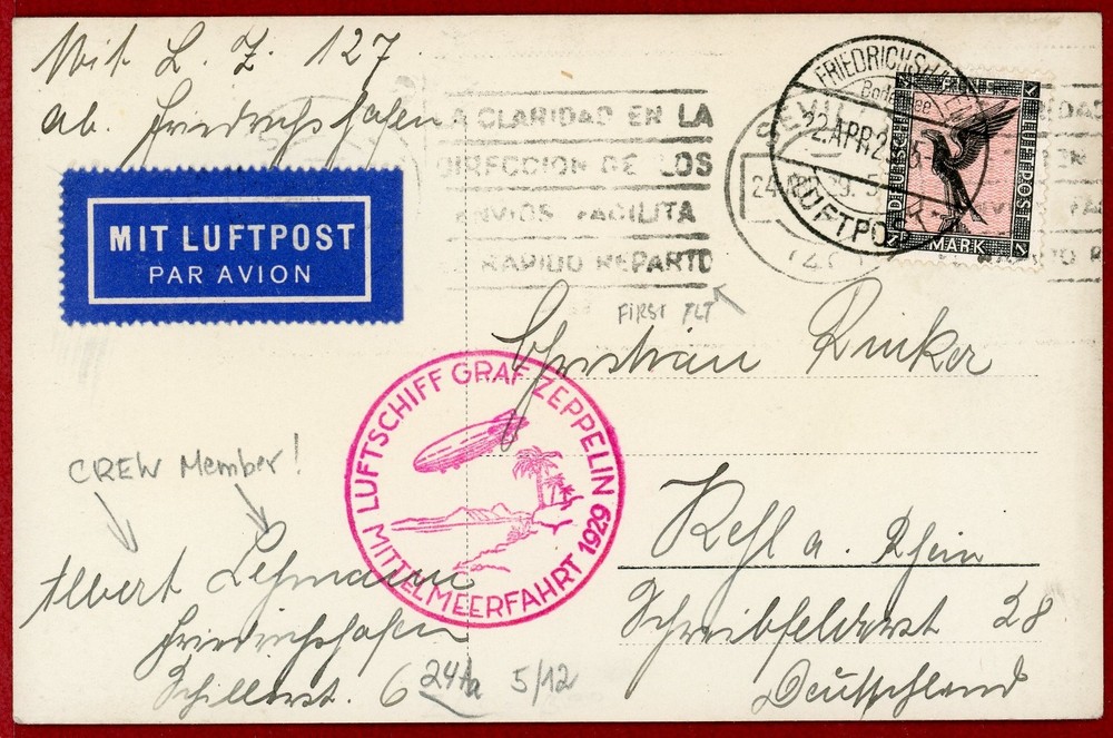 Germany 1929, 1m on Postcard, Graf Zeppelin Flight, Fried to Seville, Crew Sign