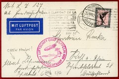 Germany 1929, 1m on Postcard, Graf Zeppelin Flight, Fried to Seville, Crew Sign