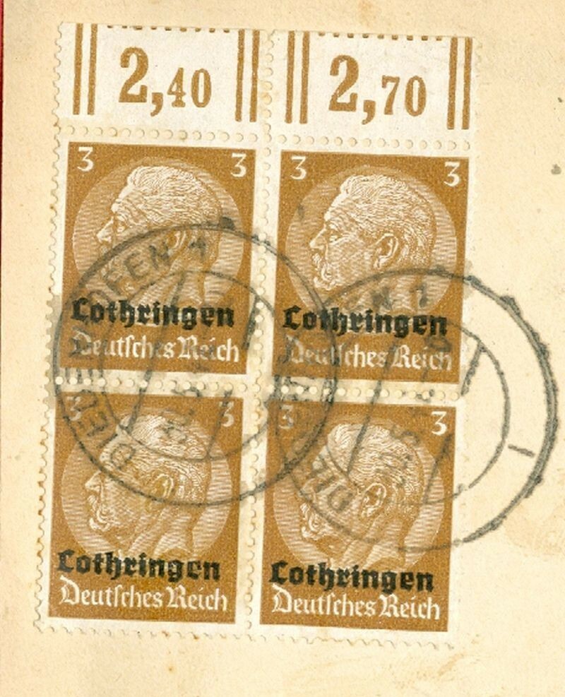 Germany Reich 3pf Marginal Block of 4 Overprint LOTHRINGEN used on cover