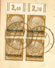 Germany Reich 3pf Marginal Block of 4 Overprint LOTHRINGEN used on cover
