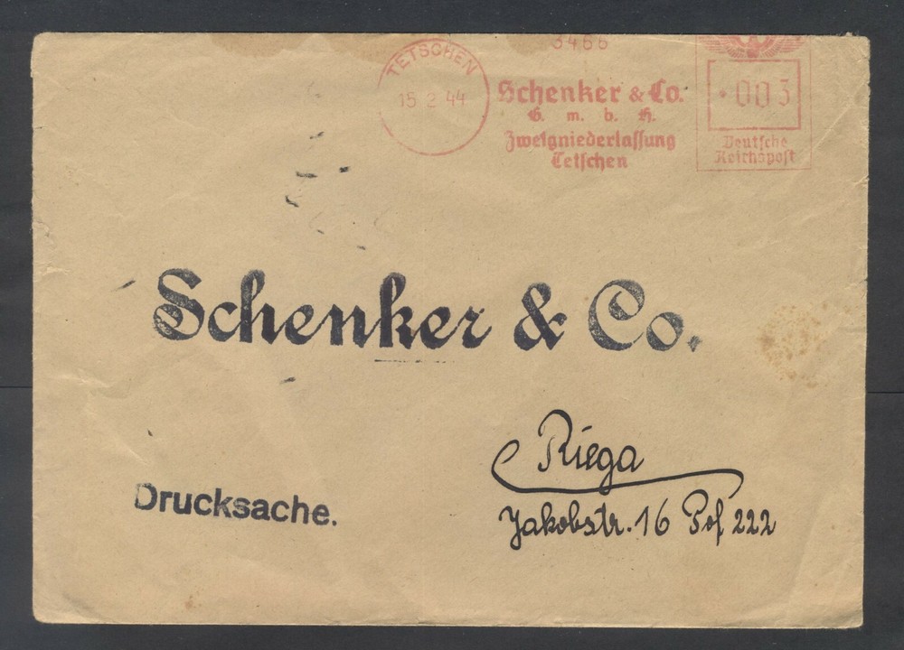 11457 Germany(Ostland),1944,Firma cover with red franking machine cancel from
