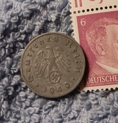 1940 German 10 Pfenning ~ km#101 , WW2 Germany ~ + 6pf. Stamp, Has Flaws