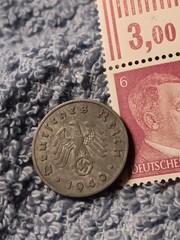 1940 German 10 Pfenning ~ km#101 , WW2 Germany ~ + 6pf. Stamp, Has Flaws