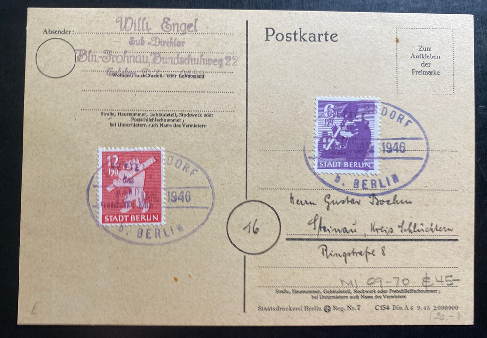 1946 Berlin Germany Postcard Cover Post WW2 Fredersdorf Charity Issue Stamps