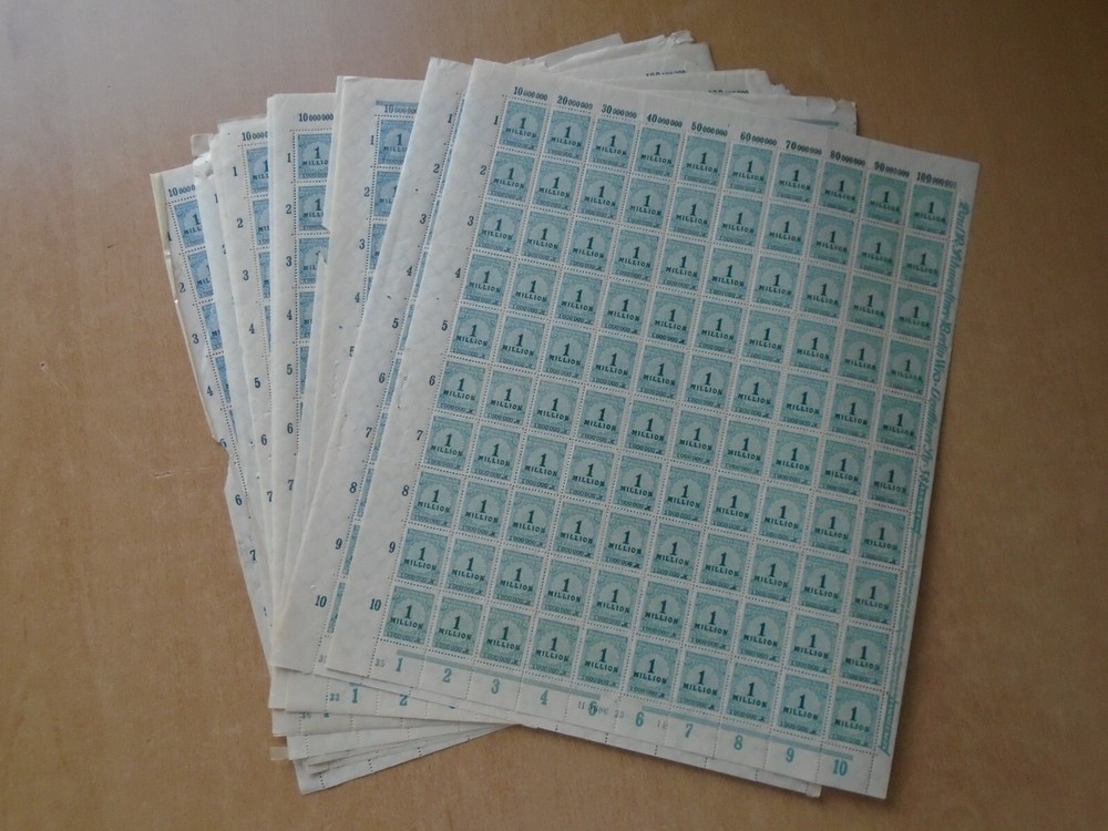 Germany – SG316 1M DM greenish blue 1923. 10 x complete sheets of 100 stamps.