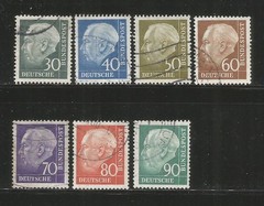 GERMANY – 1954 – HEUSS DEFINITIVES – 30 PF – 90 PF VALUES – 7 DIFF – USED