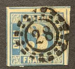 Travelstamps: Bayern Stamps , 3 Kreuzer, Used, NG, Handstamped “28”