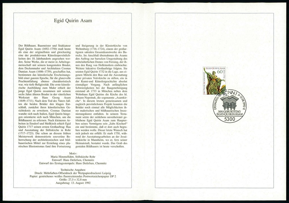 GERMANY FOLDER 1992/31 EGID QUIRIN ASAM BILDHAUER BAUMEISTER ART