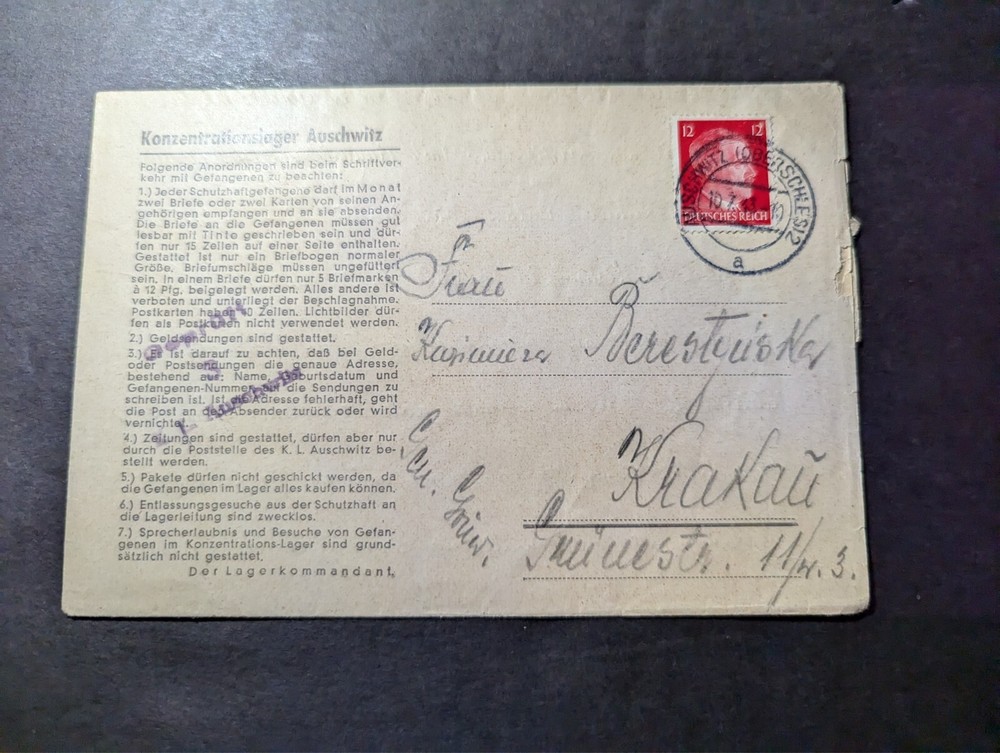 1943 Germany Auschwitz Concentration Camp Cover to Krakau Poland