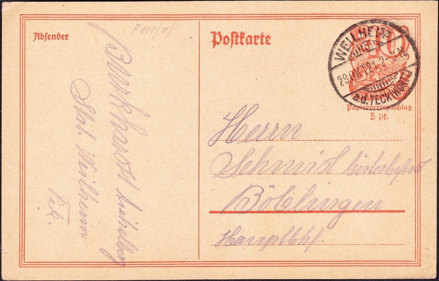 Germany Postal Card with Weilheim Bullseye Cancel 40p Orange Red Domestic Usage