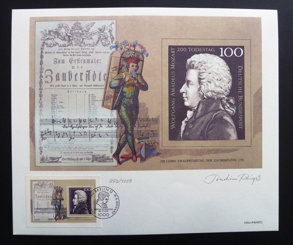 ART-EDITION 1991 GERMANY BLOCK 26 MUSIC MOZART ZAUBERFLÖTE – HAND-SIGNED !!