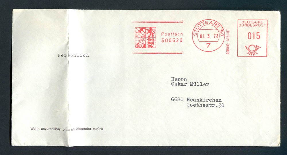 Germany – BRD : Long machine franked cover from 1973 – Stuttgart 50 – used