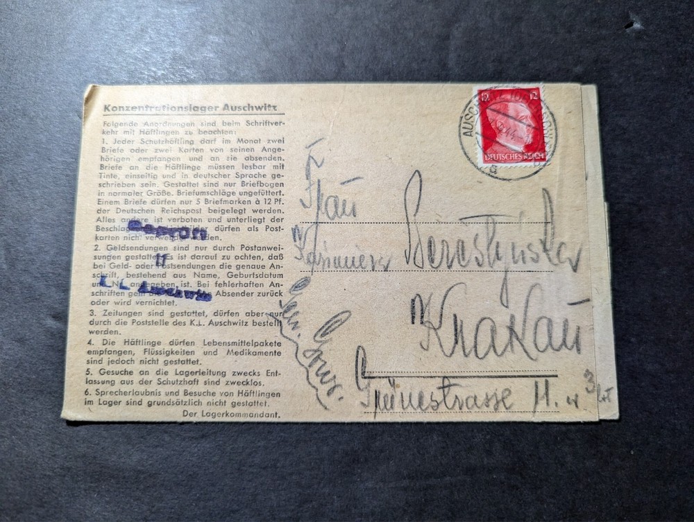 1944 Germany Auschwitz Concentration Camp Cover to Krakau Poland