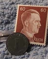 1941 German penny ~ 1 Pfenning ~ km#97 , WW2 Germany ~ + 60 pf. Stamp