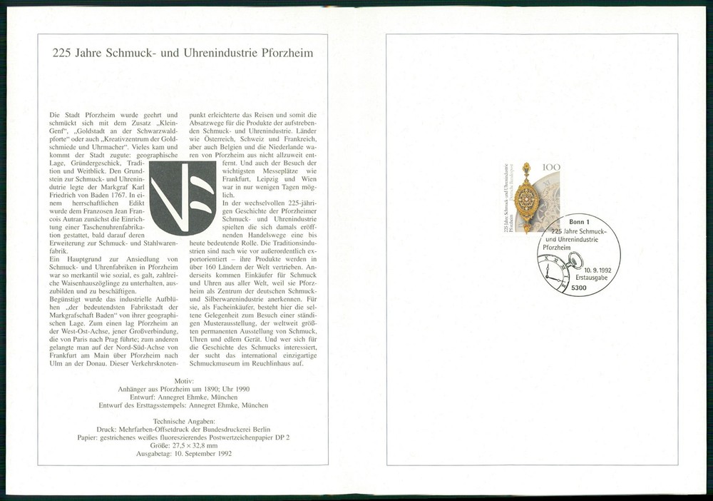 GERMANY FOLDER 1992/36 PFORZHEIM SCHMUCK- UND UHREN-INDUSTRIE