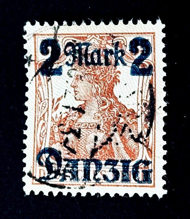 Germany DANZIG Stamp – 1920 Germania Blue Overprint 2 Mark Used r26