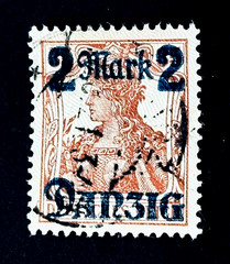 Germany DANZIG Stamp – 1920 Germania Blue Overprint 2 Mark Used r26