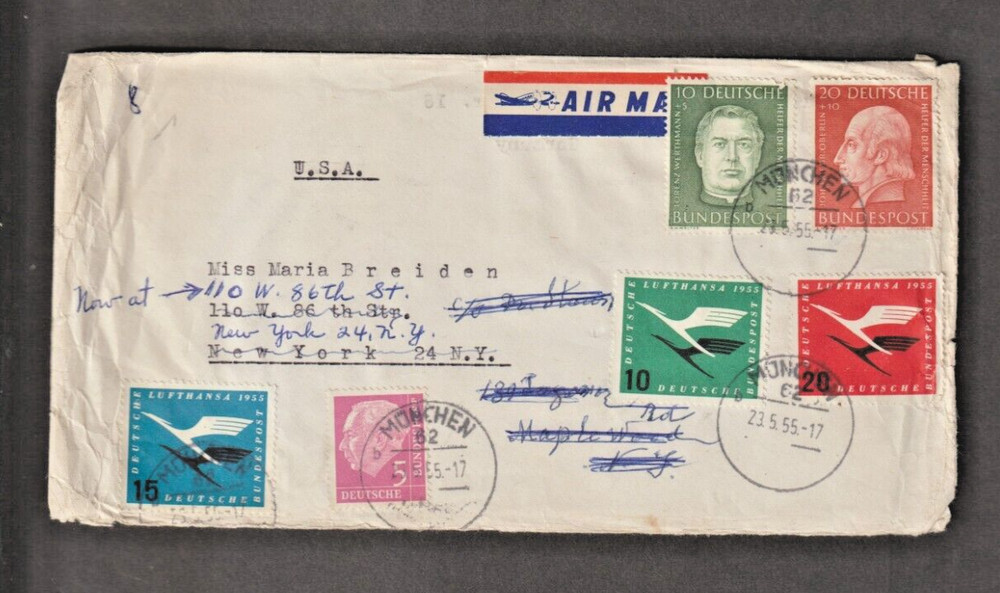 Germany 1955 Airmail Cover to US Heuss, Semi Postals + Airmails, Postal History