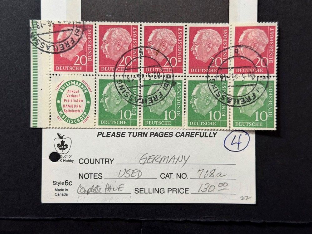 Germany # 708a Booklet Pane Used 2024 Scott Catalogue Value $ 130.00
