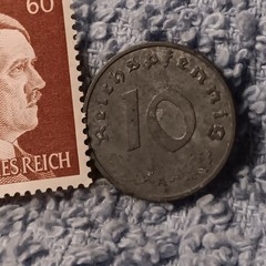 1943 German 10 Pfenning ~ km#101 , WW2 Germany ~ + 60pf. Stamp