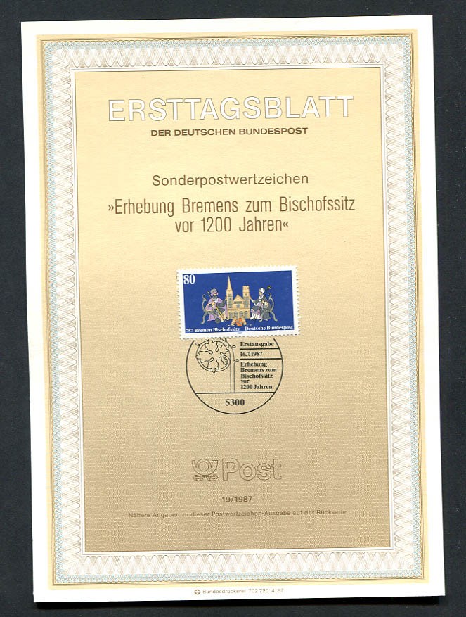 Germany – BRD : Scott # 1513 First Day Sheetlet (ETB) from 1987 Michel # 19/1987