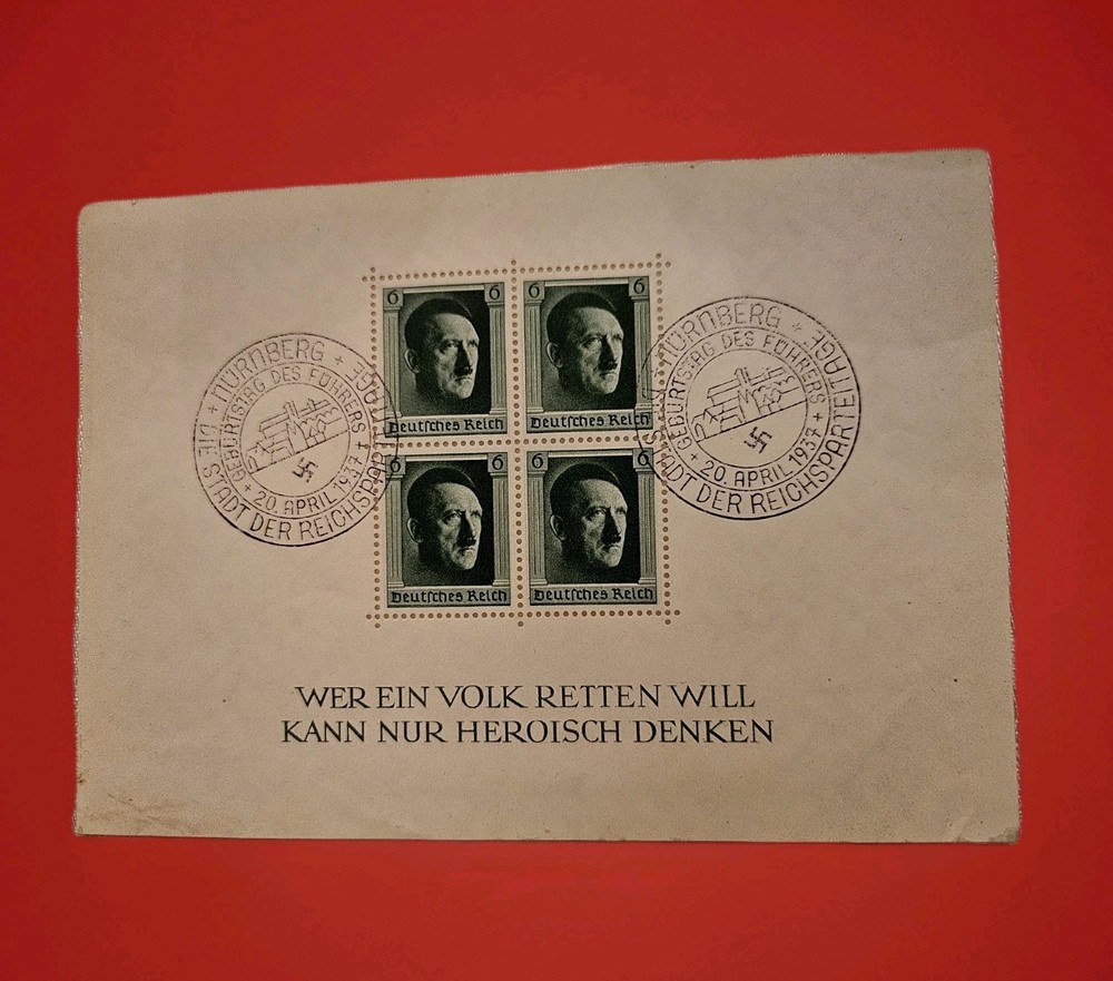 1937 Block of 4 Stamps Souvenir Sheet Commemorating Adolph Hitler’s Birthday