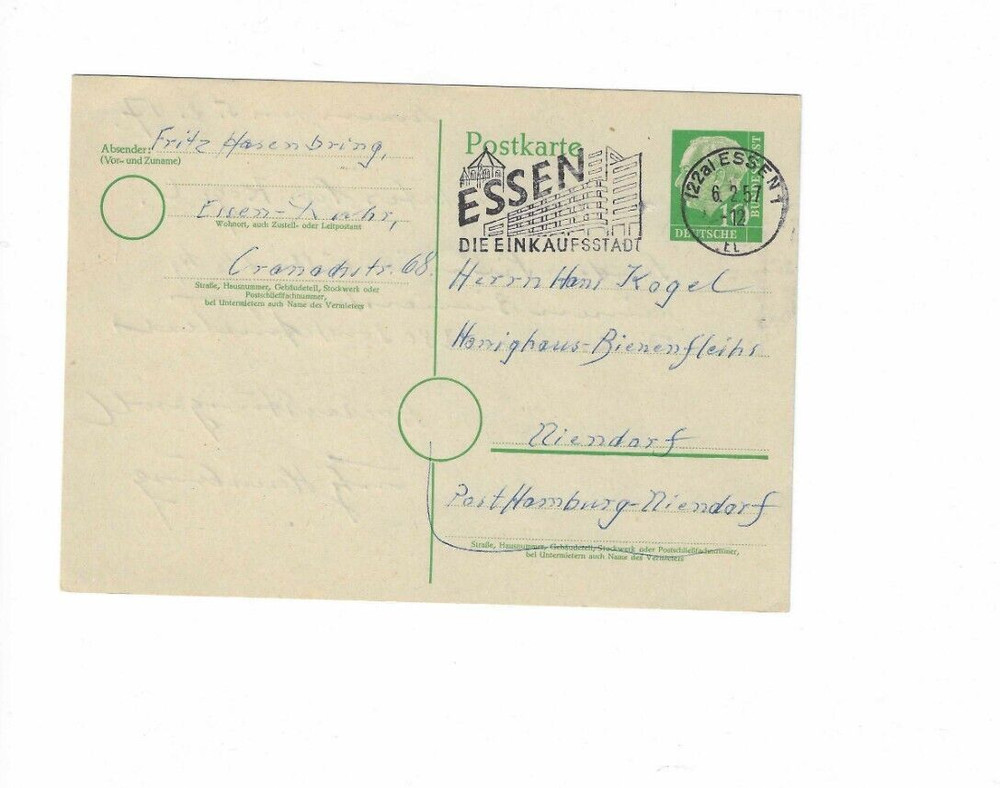 GERMANY 1957 Post Card sent from Essen to Niendorf – Slogan Cancel