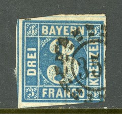 Germany States 1849 Bavaria 3 Kreuzer Blue Thin Paper Scott #12 VFU F141
