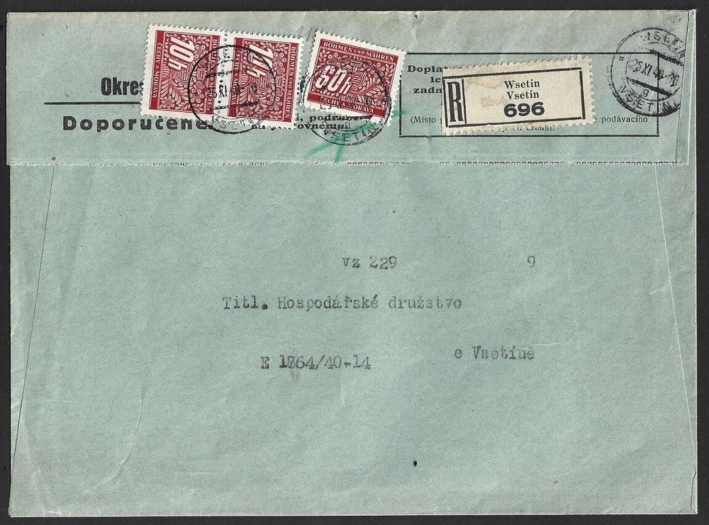 Bohemia & Moravia 1939-40 Postage Dues x 3 on 1940 cover. VSETIN registration