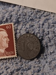1943 German 10 Pfenning ~ km#101 , WW2 Germany ~ + 60pf. Stamp