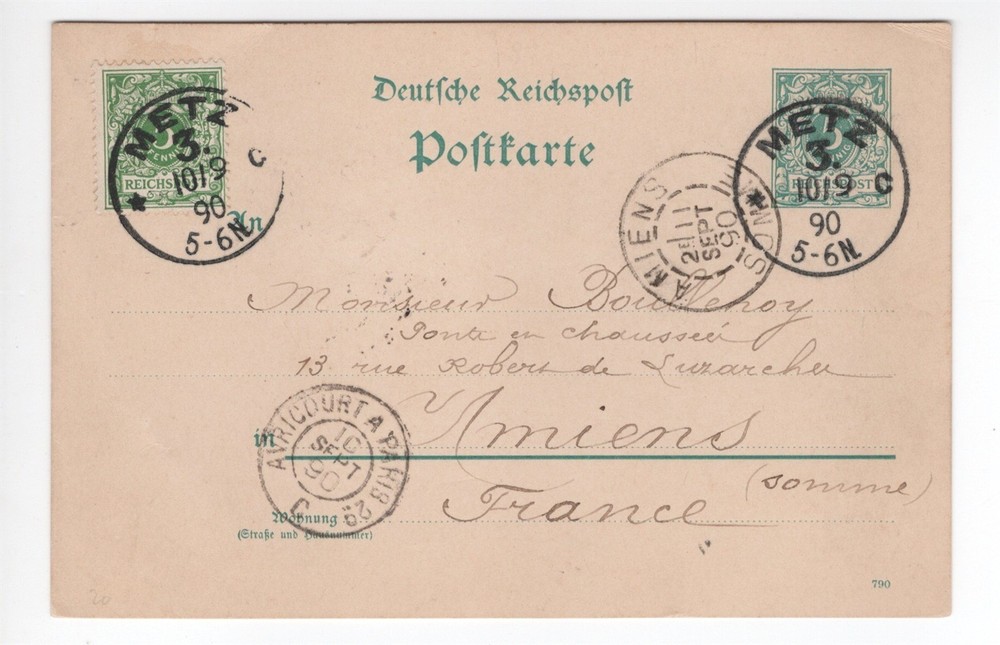 METZ GERMANY 1890 UPRATED POSTAL STATIONERY CARD TO AMIENS FRANCE W/ RPO CANCEL