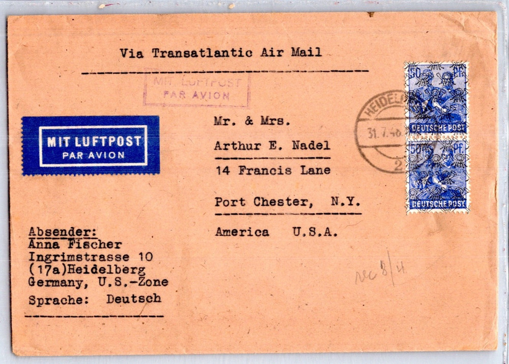 GERMANY 1948 POSTAL AIRMAIL COVER MULT FRANKING ADDR USA POSTMARK HEIDELBERG