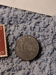 1943 German 10 Pfenning ~ km#101 , WW2 Germany ~ + 60pf. Stamp