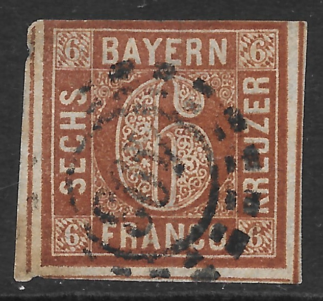 BAVARIA SCOTT 5 USED FINE – 1850 6kr BROWN NUMERAL OF VALUE ISSUE