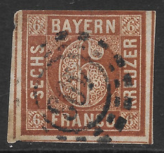 BAVARIA SCOTT 5 USED FINE – 1850 6kr BROWN NUMERAL OF VALUE ISSUE