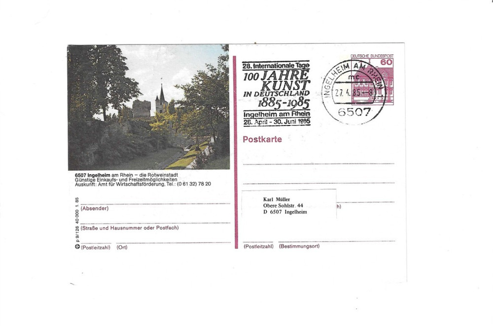GERMANY 1985 Post Card sent from Ingelheim – with Slogan Cancel