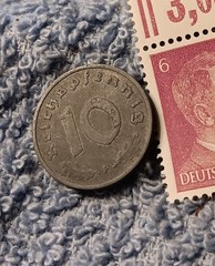 1940 German 10 Pfenning ~ km#101 , WW2 Germany ~ + 6pf. Stamp, Has Flaws
