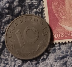 1940 German 10 Pfenning ~ km#101 , WW2 Germany ~ + 6pf. Stamp, Has Flaws