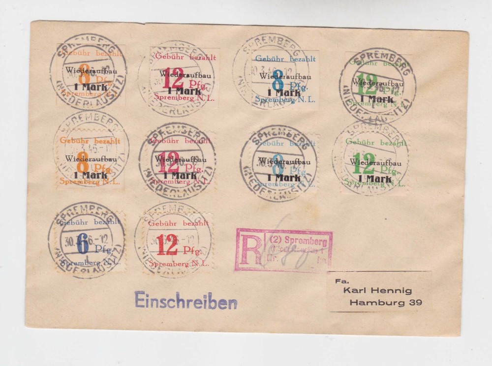 spremberg 1946 set of ten local stamps on Reg.cover to hamburg.rare! o1334