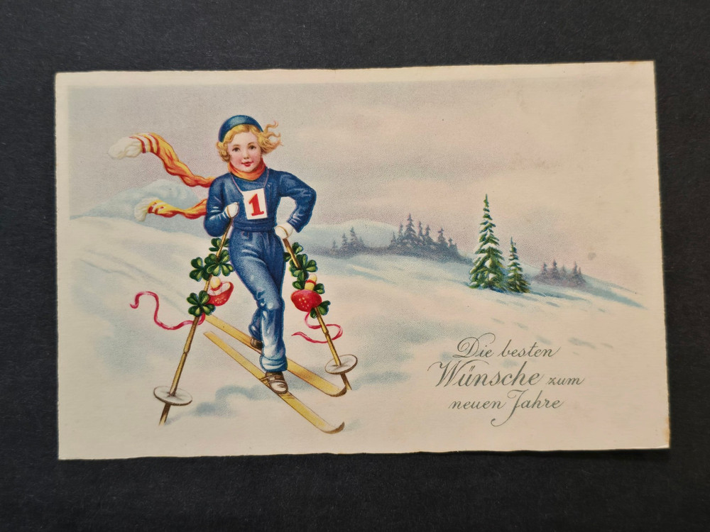 WW2 Nazi German Third Reich Girl Skiing Postcard Colorful art 1930s Era